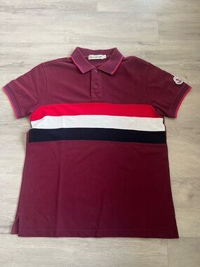 Moncler Men's Burgundy Polo with Red White and Navy Stripes